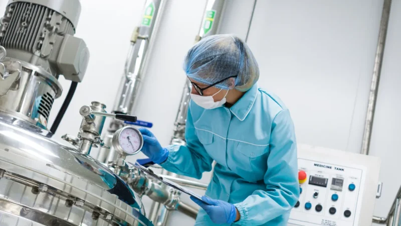 Bended scientist blue lab uniform check how compressor tank works tablet hands close[1]