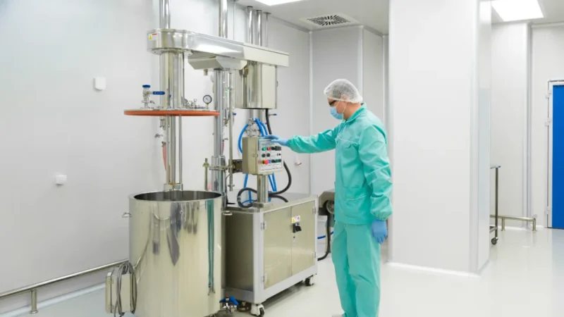 Pharmaceutical factory man worker protective clothing working with control panel sterile working conditions