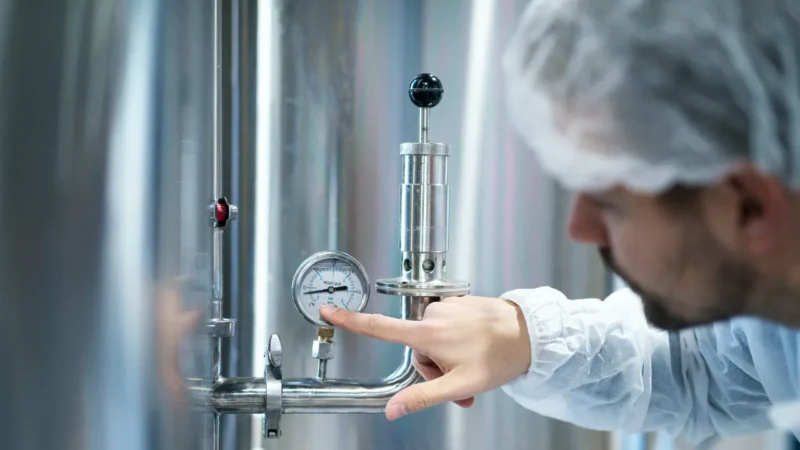 Technologist white protective suit checking pressure pressure gauge industrial machine factory