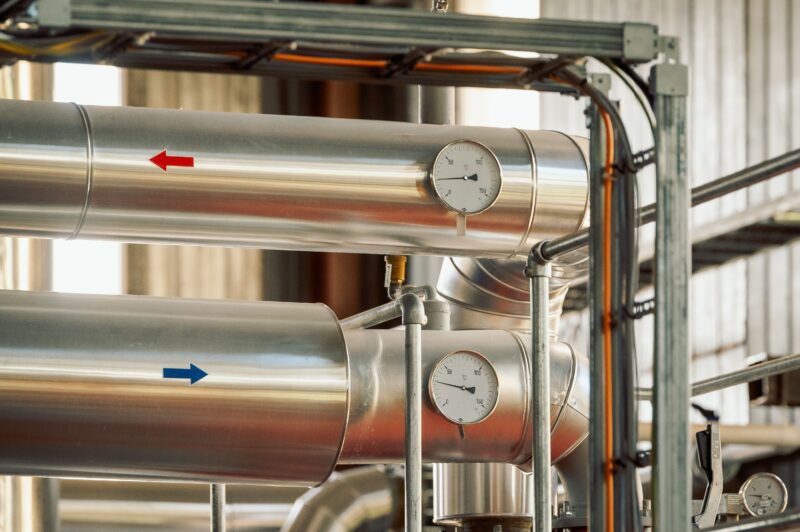 View of wood chips boiler house heating system gauge panel