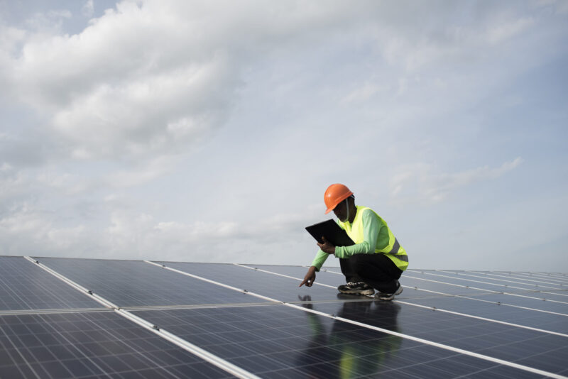 Technician engineer checks the maintenance of the solar cell pan