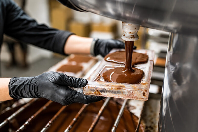 Chocolate molding in an industrial kitchen