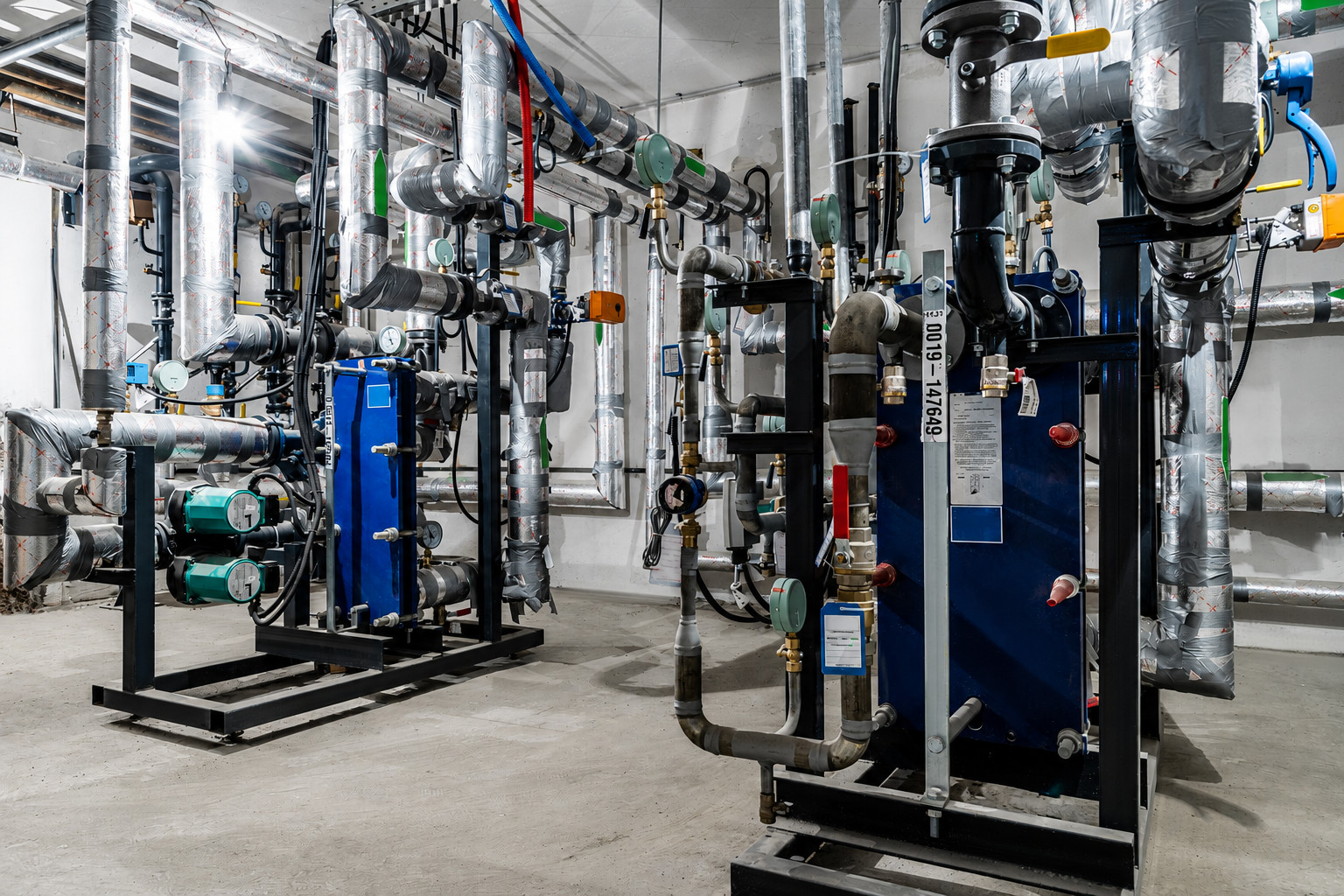 Industrial mechanical room with complex piping